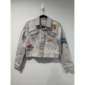 Juicy Couture Denim Jean Jacket Womens XS Distressed Y2K Patches Travel Tattoo